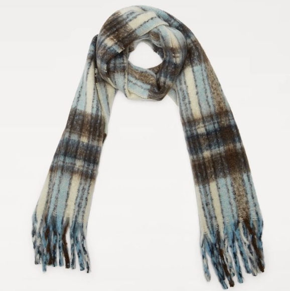 NWT ZARA Brown/Cream/Blue Plaid Fuzzy Fringe Blanket Scarf - Picture 1 of 4